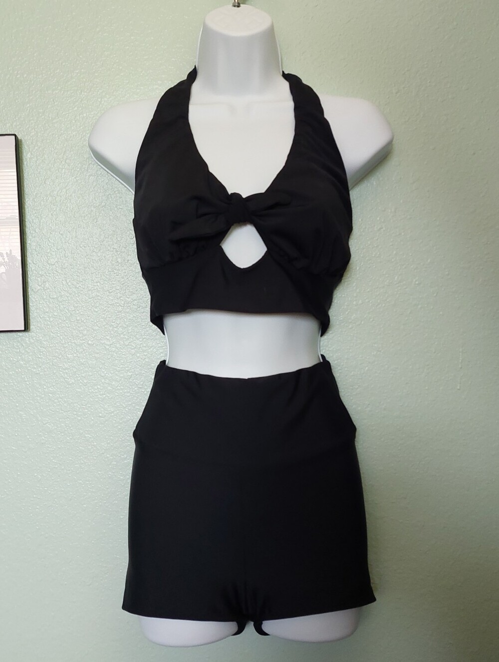 Handmade Black Two Piece Bikini Halter Neck Tie Front & High Rise Shorts